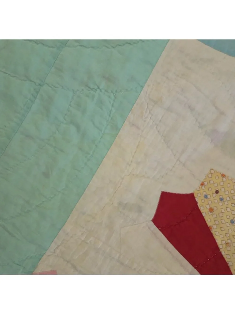 Vintage Handmade Handstitched Fan Quilt Blue Red 84 x 67 Farm Fabric